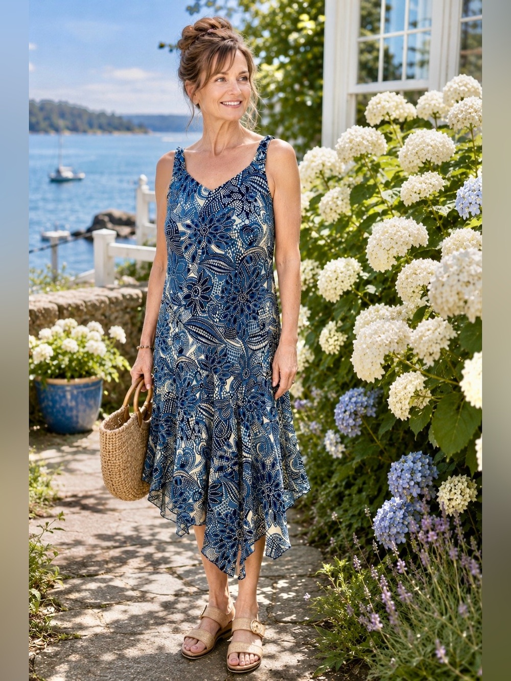 Blue Floral Handkerchief Hem Midi Dress Size 12